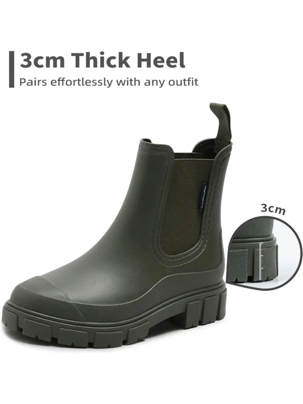 Women's Green Waterproof Slip-Resistant Rubber Short Ankle Chelsea rain Boots